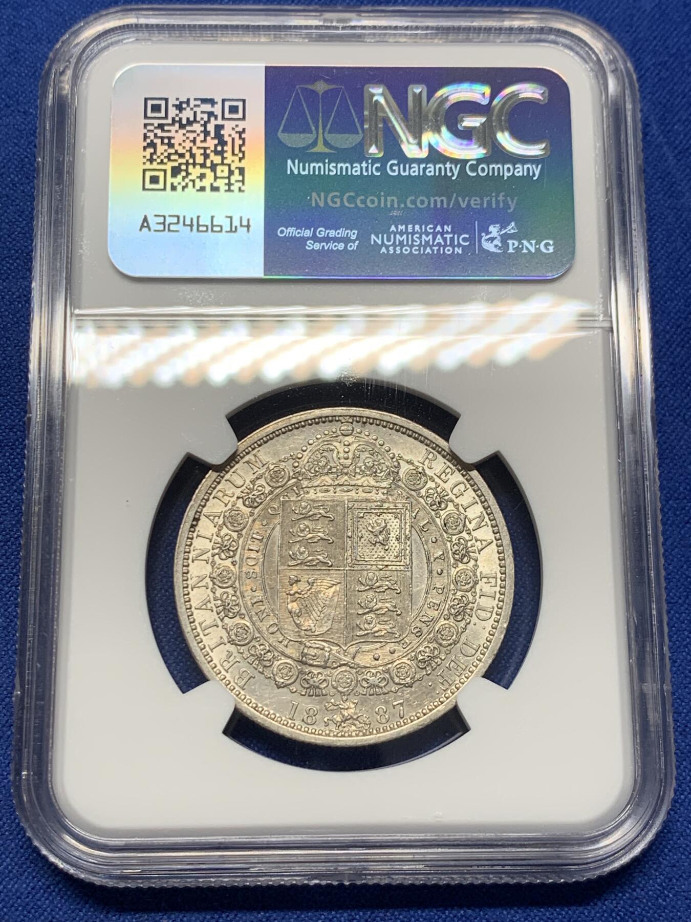 《竞宝斋》第403场 周日，周一，2场连拍 （全场包邮） NGC AU58 英国1887年维多利亚半克朗银币