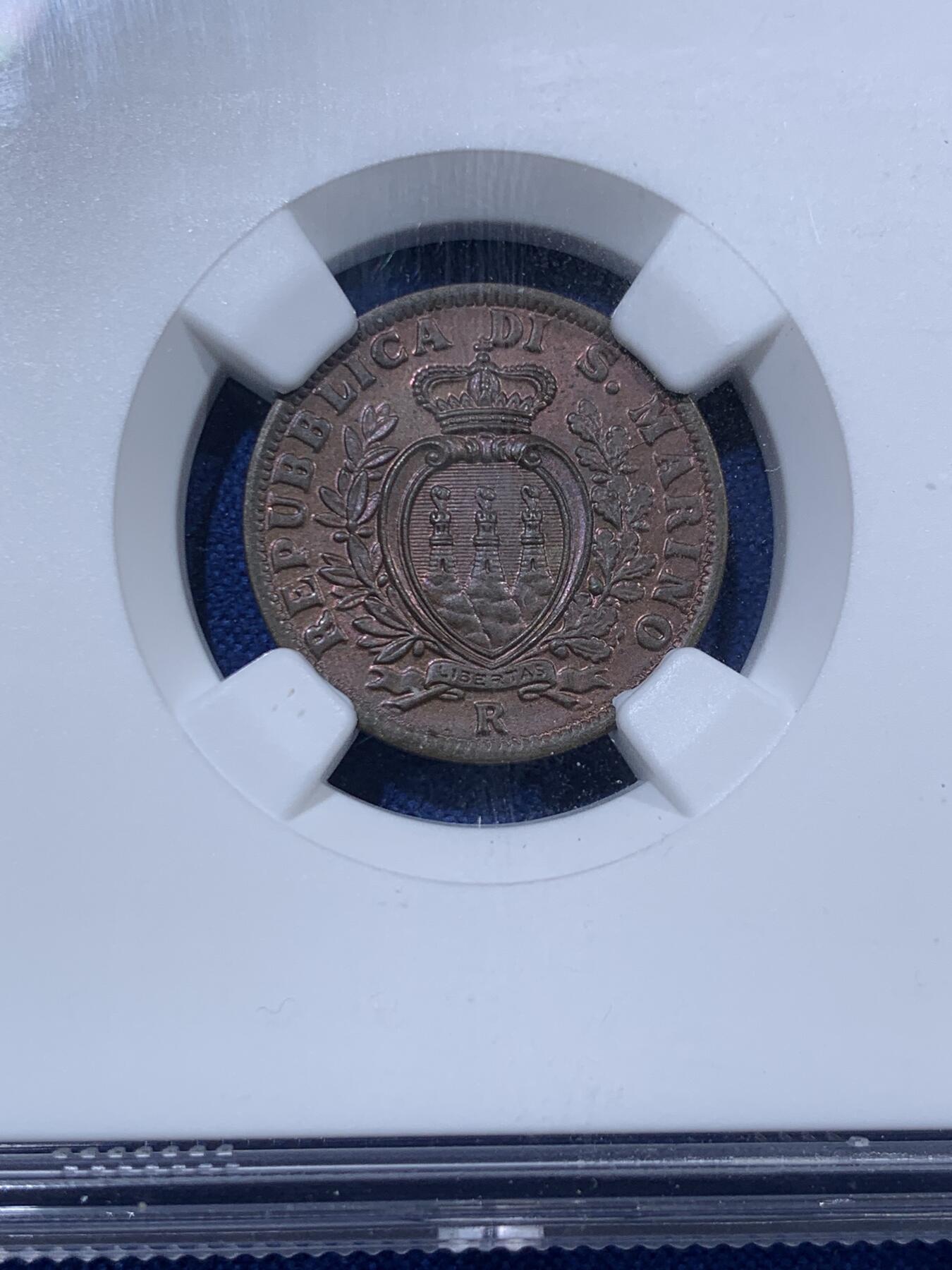 《竞宝斋》第403场 周日，周一，2场连拍 （全场包邮） 两枚一组 NGC MS63/64BN 圣马力诺1936/1937年5/10分一对 圣马力诺铜币好品少见 这两门都是漂亮的巧克力包浆 颜色非常舒服 分数也不错 适合自藏