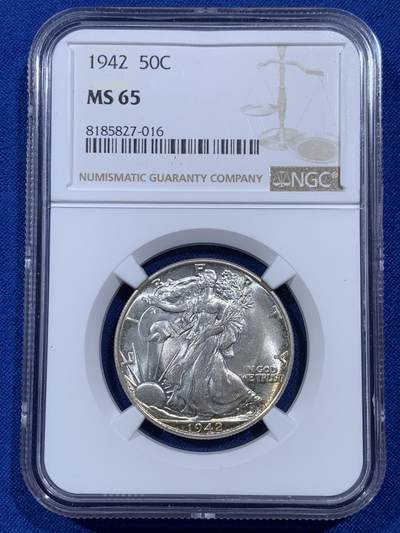 《竞宝斋》第403场 周日，周一，周二，3场连拍 （全场包邮） - NGC MS65 美国1942年50分，行走女神银币，双面淡彩包浆，十分漂亮。高分原卷状态，适合自藏的一颗。