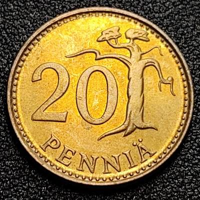 泉币菌-第59场-各国老币铜币场 铜光美品 芬兰20芬尼 狮子拿剑 1982年