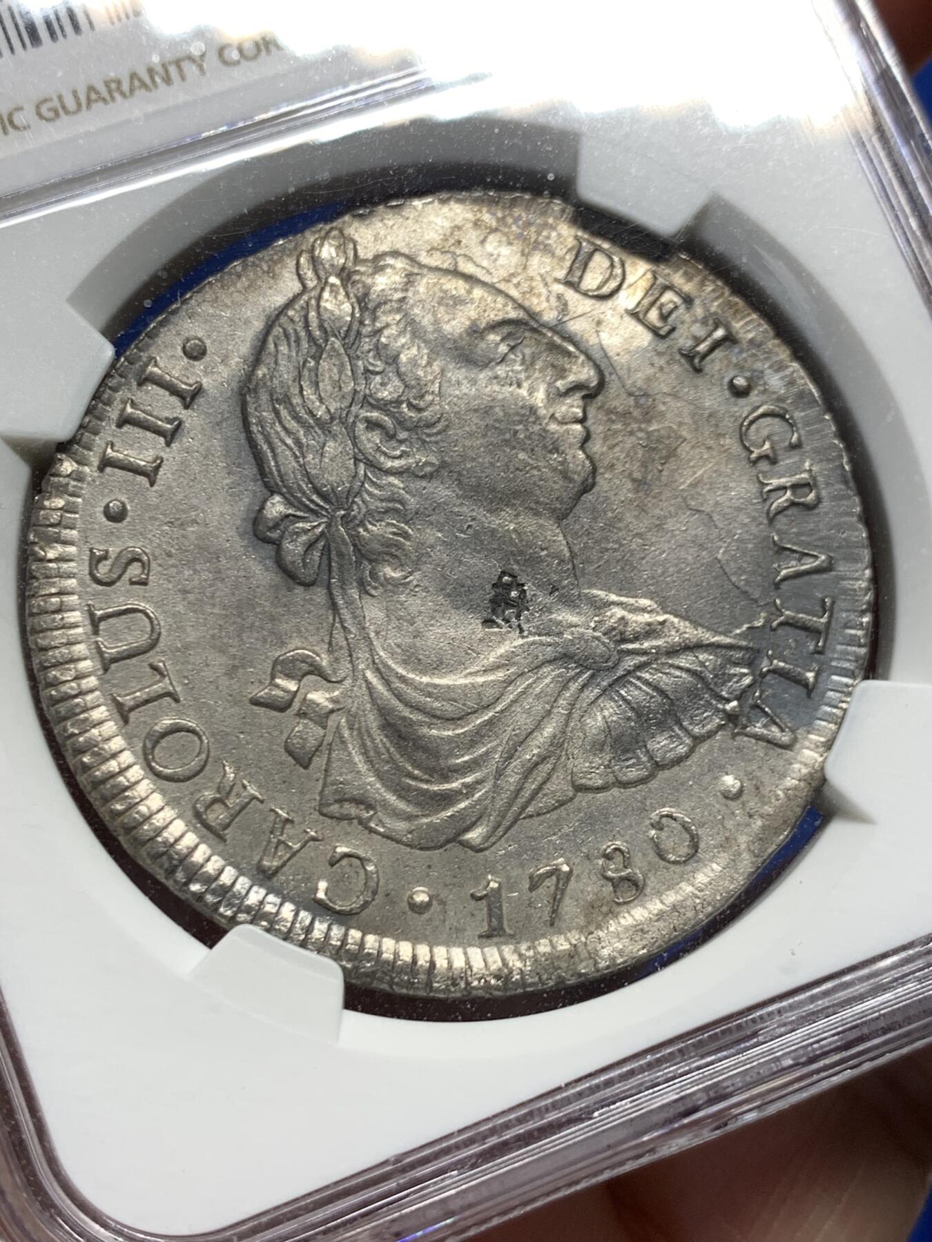 《竞宝斋》第403场 周日，周一，2场连拍 （全场包邮） NGC MINT ERROR AUD 西属秘鲁1780年卡洛斯三世 8R双柱大银币 细节见图