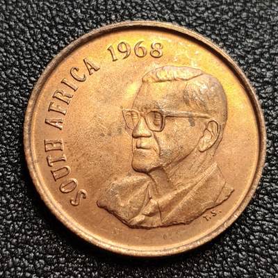 泉币菌-第59场-各国老币铜币场 原铜光UNC 品相无敌  南非2分铜币 角马1968年 22.5mm 半个多世纪 这状态实属不易