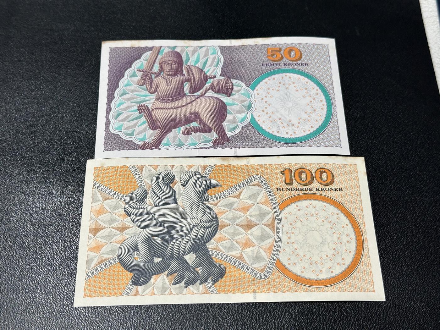 《外钞收藏家》第五百四十九期（本期品种丰富）（本平台长期征集拍品、欢迎藏友们联系合作） 丹麦浮雕版50和100克朗 品相如图 有黄斑