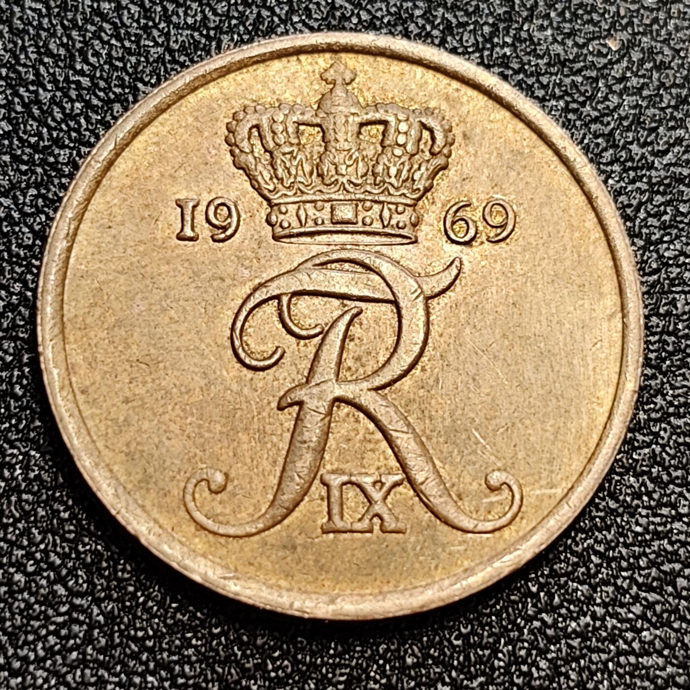 泉币菌-第59场-各国老币铜币场 丹麦1969年5欧尔 皇冠 弗雷德里克九世国王 CS版 青铜币 24mm