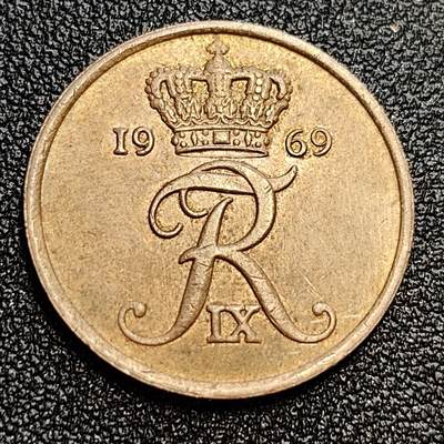 泉币菌-第59场-各国老币铜币场 丹麦1969年5欧尔 皇冠 弗雷德里克九世国王 CS版 青铜币 24mm