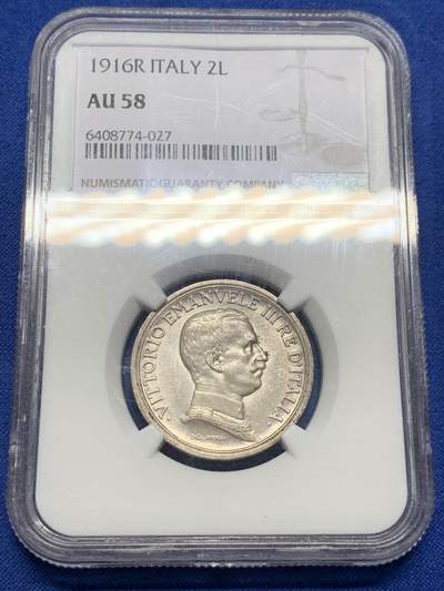 《竞宝斋》第403场 周日，周一，2场连拍 （全场包邮） - NGC AU58 意大利1916年2里拉银币 马车图案精美带转光好品