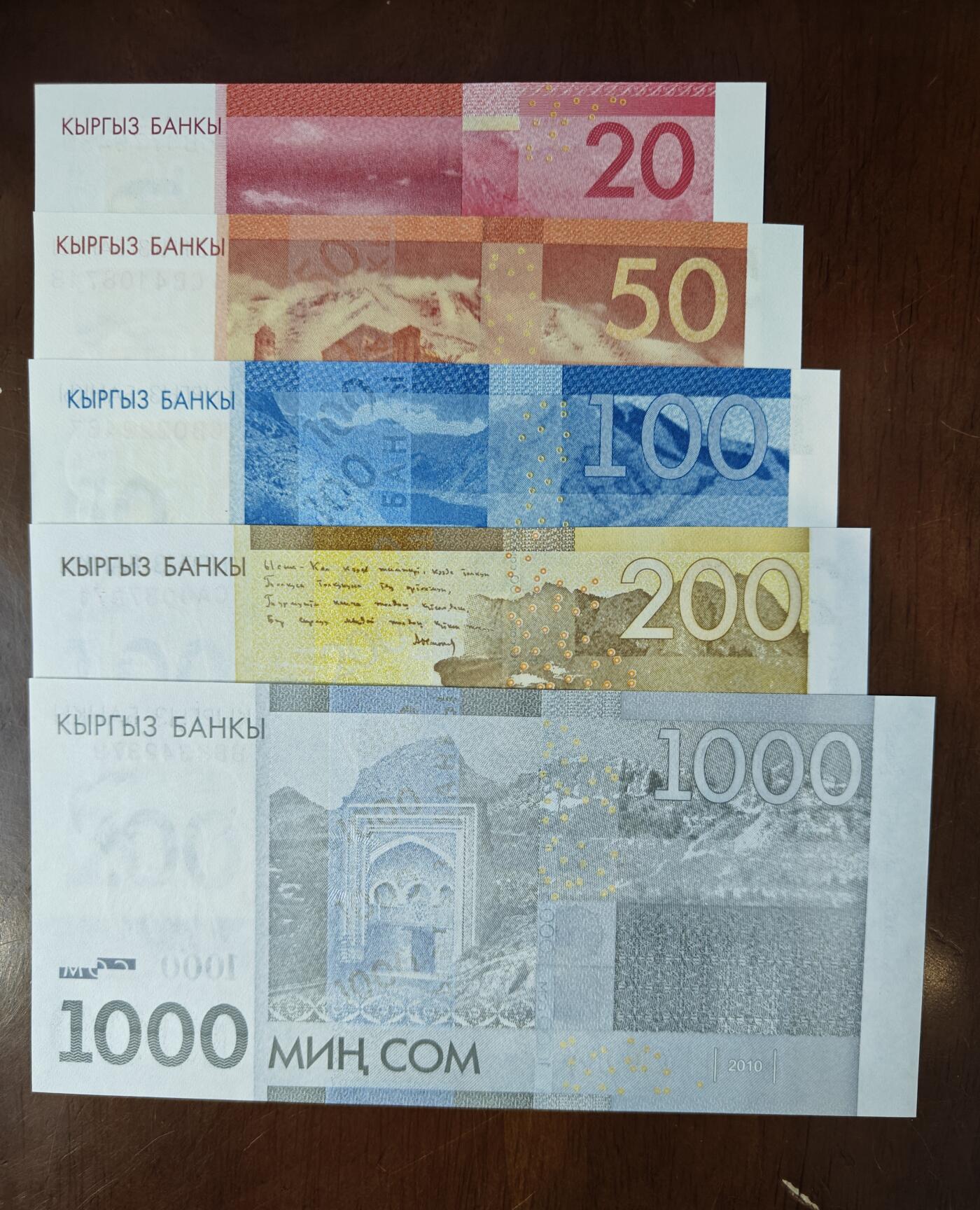 吉尔吉斯斯坦2009-10年20-1000索姆5张套 全新 外国钱币