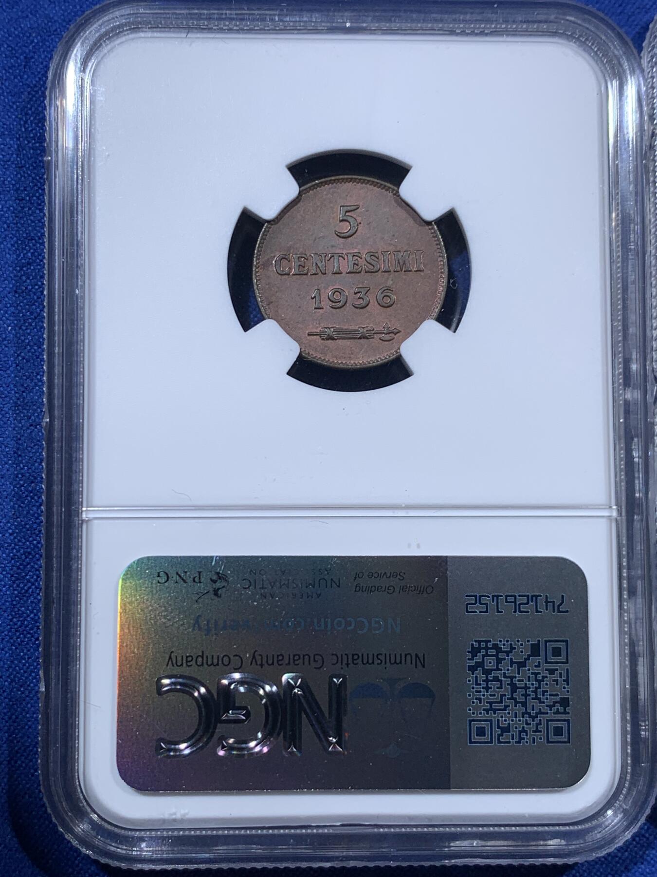 《竞宝斋》第403场 周日，周一，2场连拍 （全场包邮） 两枚一组 NGC MS63/64BN 圣马力诺1936/1937年5/10分一对 圣马力诺铜币好品少见 这两门都是漂亮的巧克力包浆 颜色非常舒服 分数也不错 适合自藏