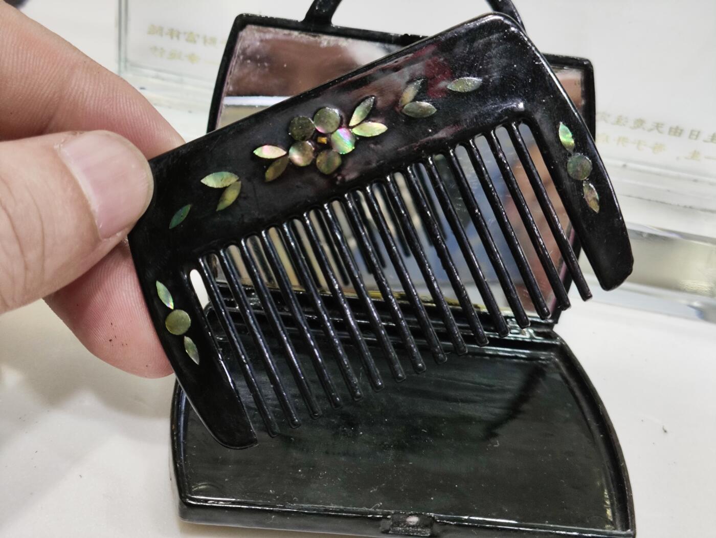 杂七杂八 螺钿漆木小化妆盒，梳+镜套装