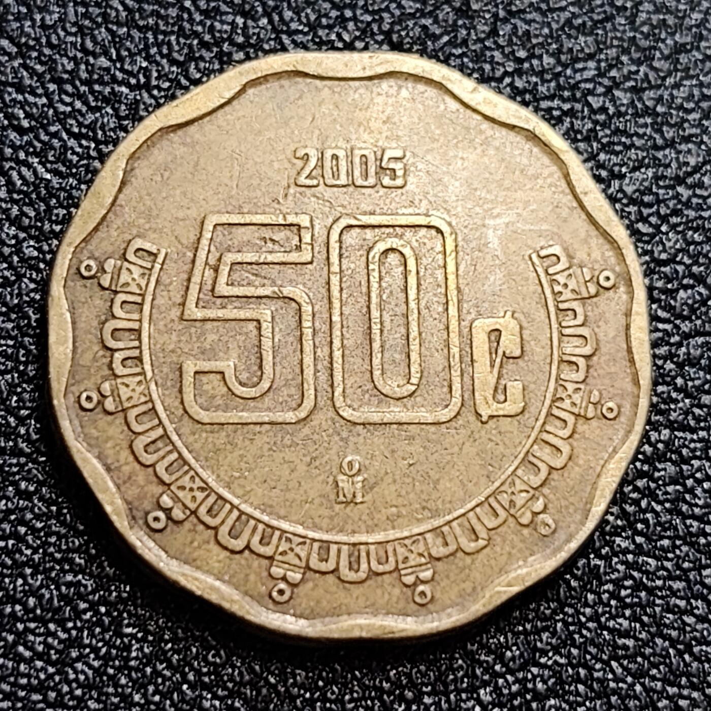 泉币菌-第58场-各国老币铜币场 墨西哥50分黄铜币 鹰蛇图案 多边 