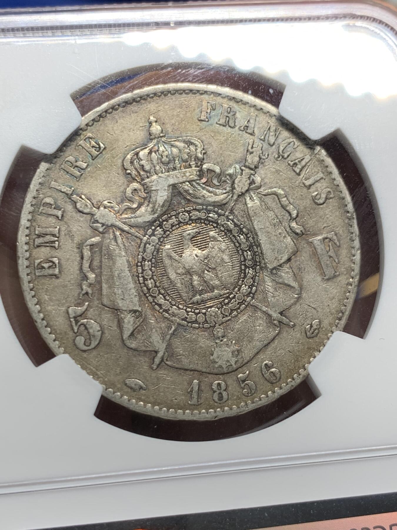 《竞宝斋》第403场 周日，周一，2场连拍 （全场包邮） NGC VF35 法国1856年拿破仑三世5法郎