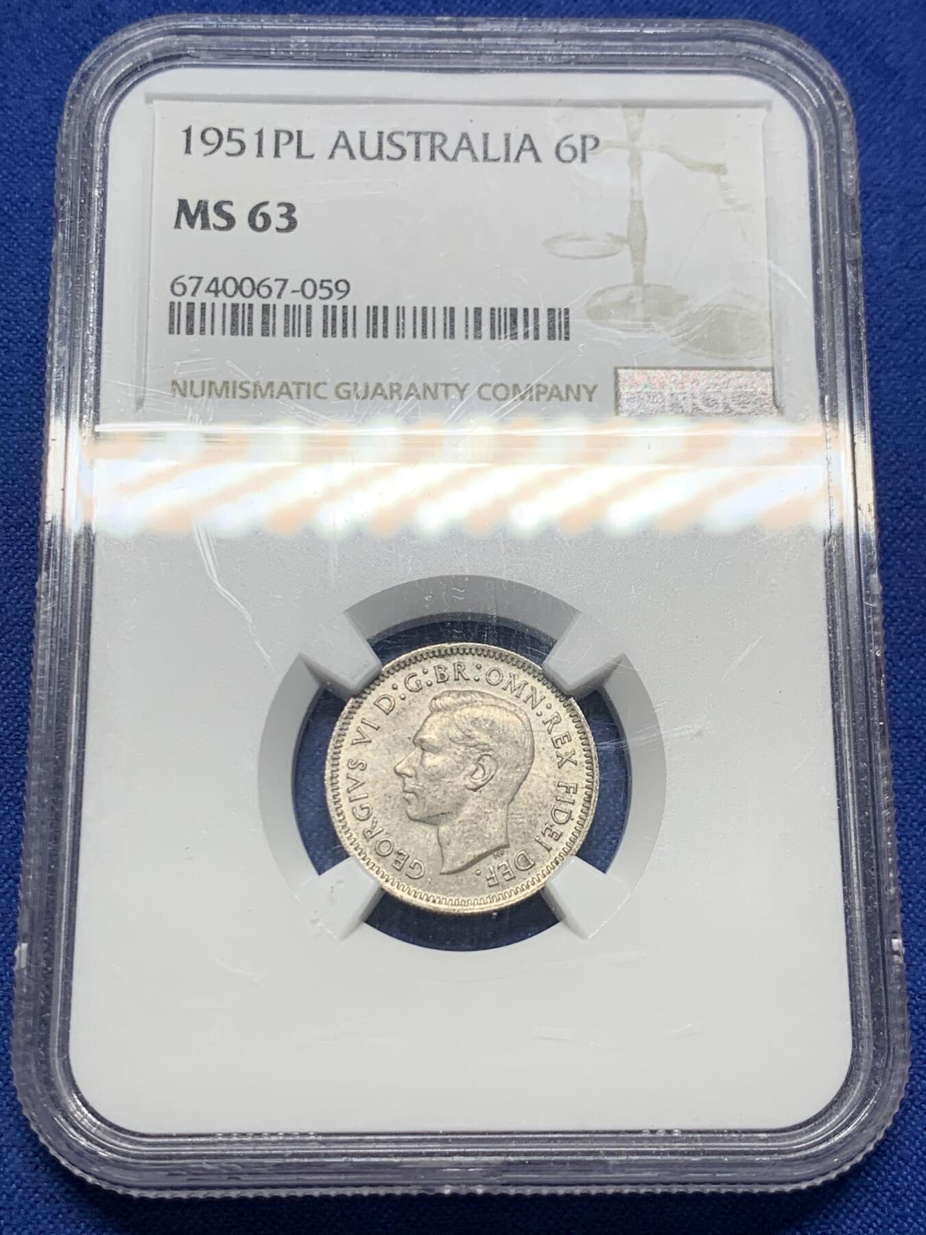 《竞宝斋》第403场 周日，周一，2场连拍 （全场包邮） NGC MS63 澳大利亚1951年6便士小银币 PL版稀少共7枚获评 季军分