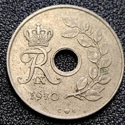 泉币菌-第59场-各国老币铜币场 丹麦1970年25欧尔中孔镍币 玛格丽特二世花押  丹麦