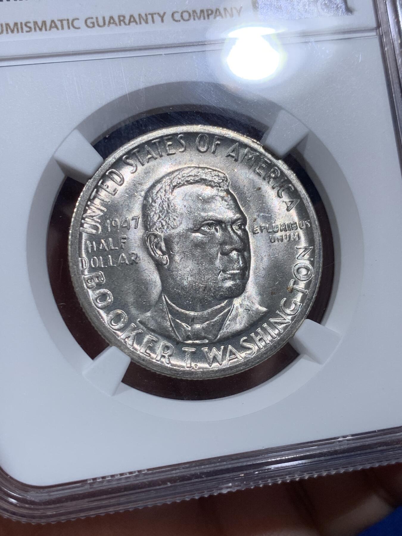 《竞宝斋》第403场 周日，周一，2场连拍 （全场包邮） NGC MS64 美国1947年教育家华盛顿50分纪念银币，卷拆好品。