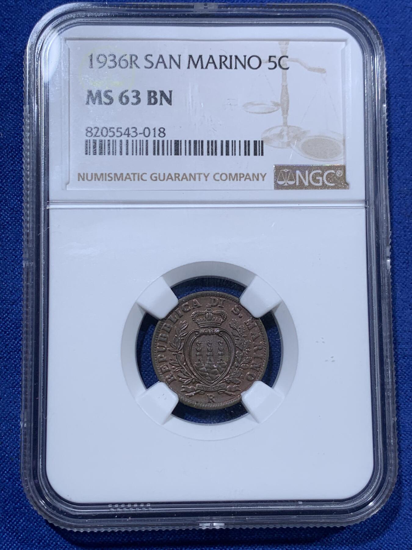 《竞宝斋》第403场 周日，周一，2场连拍 （全场包邮） 两枚一组 NGC MS63/64BN 圣马力诺1936/1937年5/10分一对 圣马力诺铜币好品少见 这两门都是漂亮的巧克力包浆 颜色非常舒服 分数也不错 适合自藏