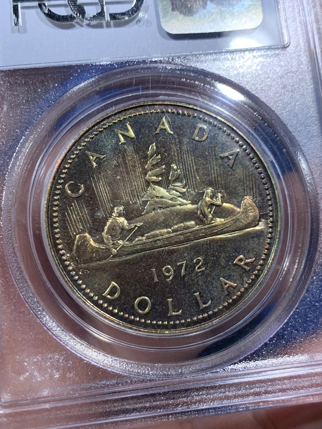 《竞宝斋》第403场 周日，周一，2场连拍 （全场包邮） PCGS SP67 加拿大 1972年 划船银样币 镜面工艺 双面彩虹 实物非常好看 早期小白盒