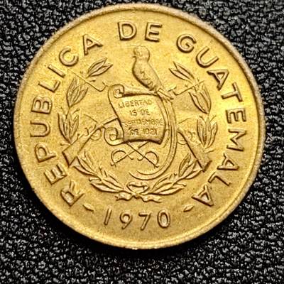 泉币菌-第59场-各国老币铜币场 少见 铜光美品 危地马拉1970年1分黄铜币 基督教 卡萨斯教士 直径19MM 