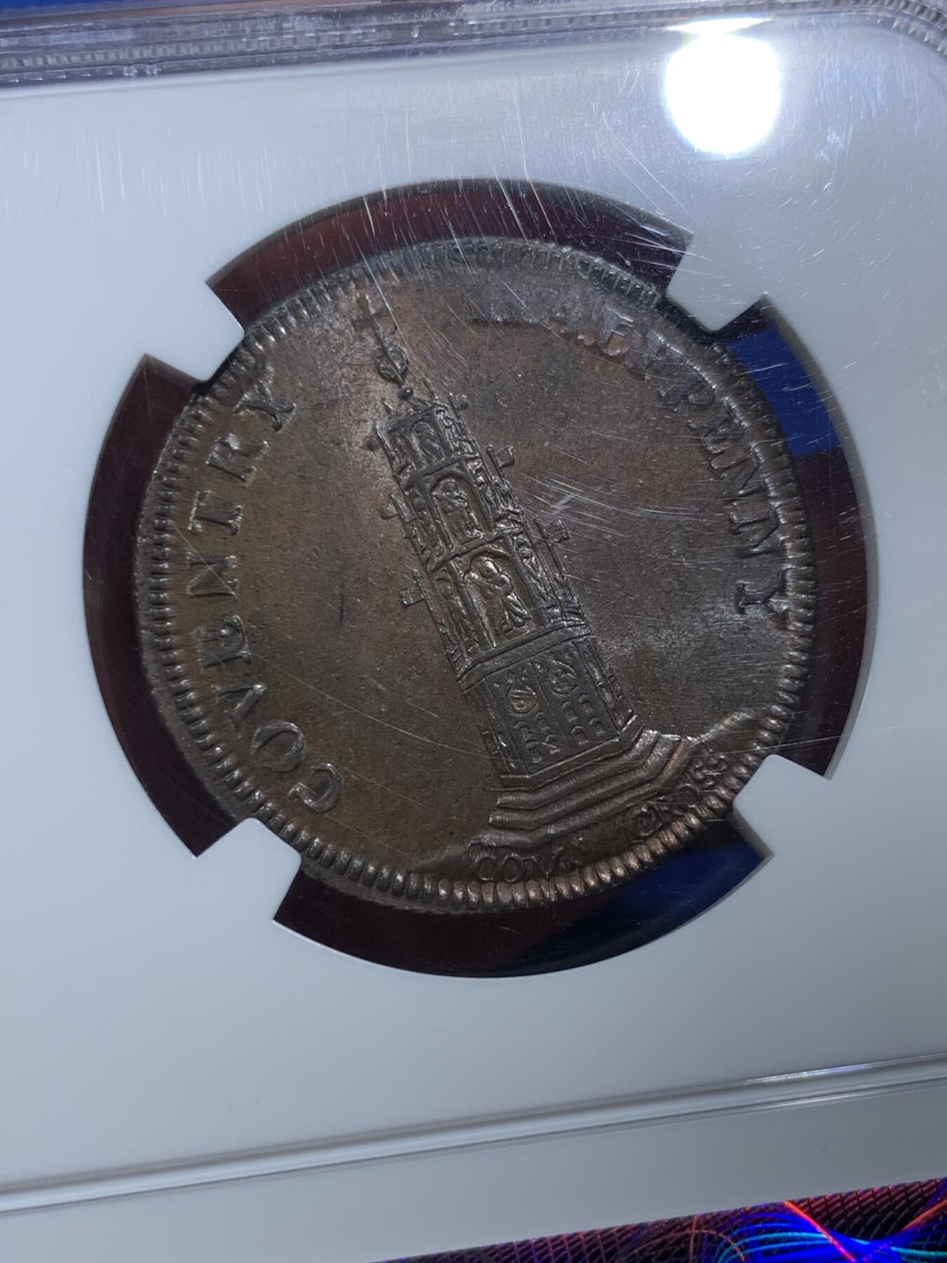 《竞宝斋》第403场 周日，周一，2场连拍 （全场包邮） NGC MS63BN 英国1795年考文垂哥黛娃1/2便士（塔版），Token名誉品，比较少的版本。