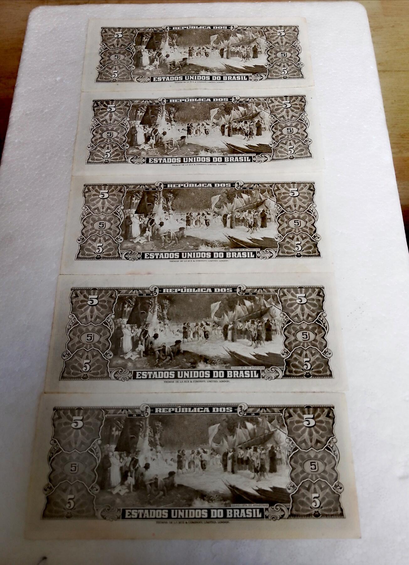 巴西1962-64年5克鲁塞罗靓品纸币5枚一组