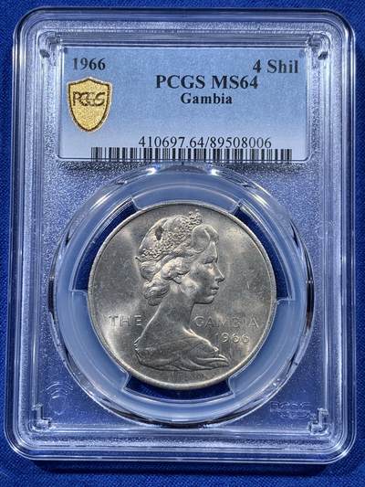 《竞宝斋》第403场 周日，周一，2场连拍 （全场包邮） - PCGS MS64 冈比亚1966年4先令大鳄鱼 热门品种 两面转光 卷拆品相 好品比较少