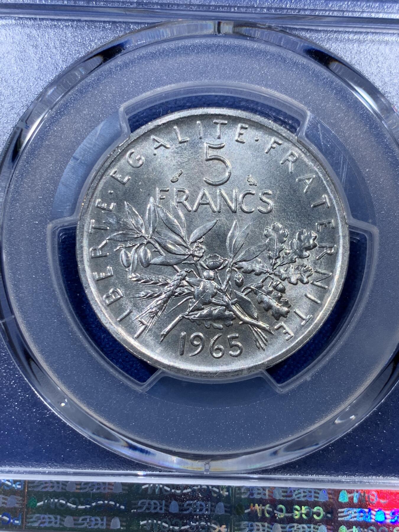 《竞宝斋》第403场 周日，周一，2场连拍 （全场包邮） PCGS MS65 法国1965年播种女神5法郎银币 拆卷高分
