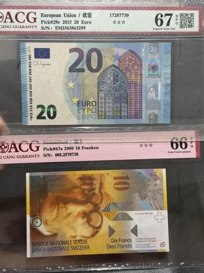 《外钞收藏家》第五百四十九期（本期品种丰富）（本平台长期征集拍品、欢迎藏友们联系合作） - 2015年四签20欧元+2000年瑞士10法郎 两张一起 爱藏评级