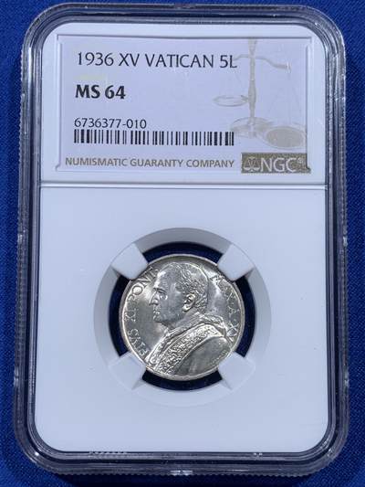 《竞宝斋》第403场 周日，周一，2场连拍 （全场包邮） - NGC MS64 梵蒂冈 1936年 5里拉划船银币 庇护十一世 较少