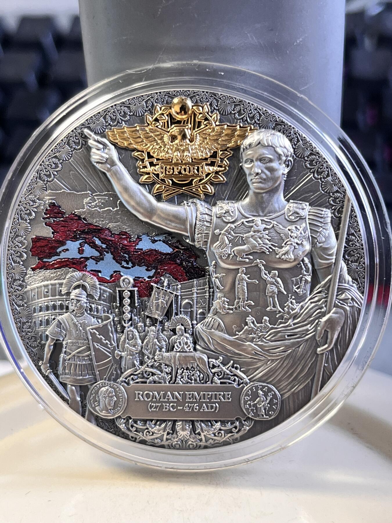 第168期拍卖【长期征集拍品】 喀麦隆2023年帝国遗产系列1罗马屋大维2盎司彩银币，金属:999银镀金，重量:2盎司，直径:50毫米，发行：500枚