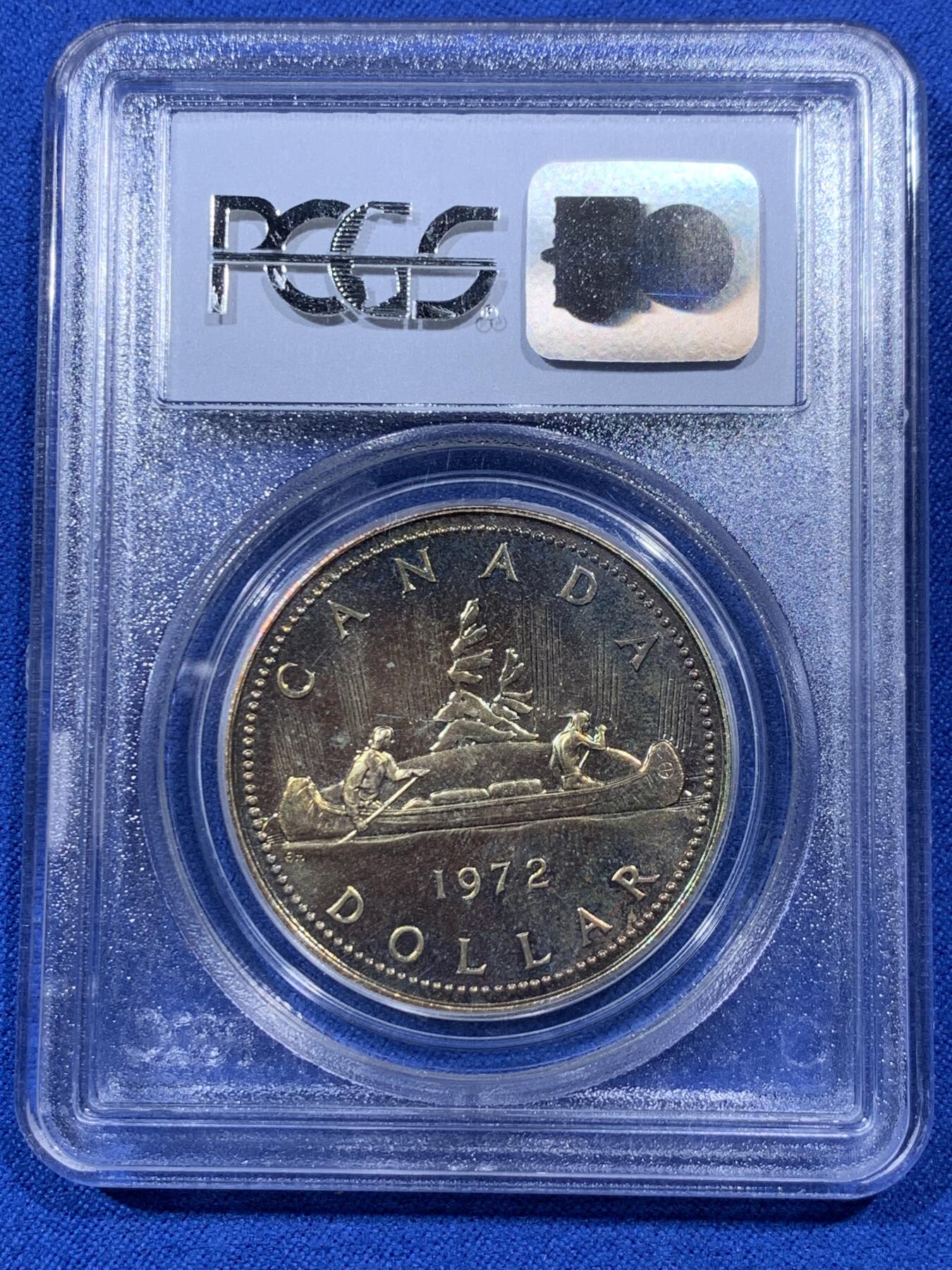 《竞宝斋》第403场 周日，周一，2场连拍 （全场包邮） PCGS SP67 加拿大 1972年 划船银样币 镜面工艺 双面彩虹 实物非常好看 早期小白盒