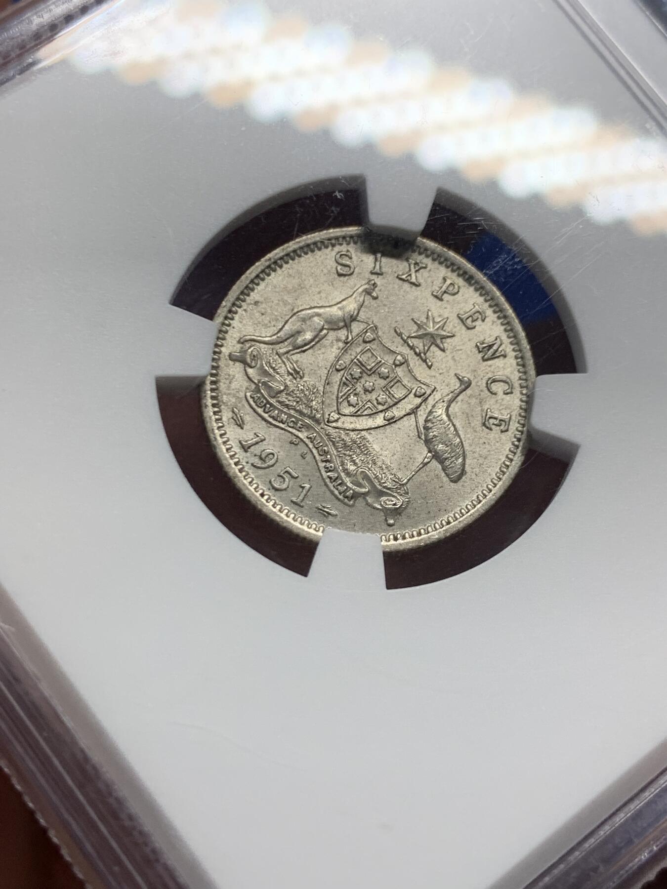 《竞宝斋》第403场 周日，周一，2场连拍 （全场包邮） NGC MS63 澳大利亚1951年6便士小银币 PL版稀少共7枚获评 季军分