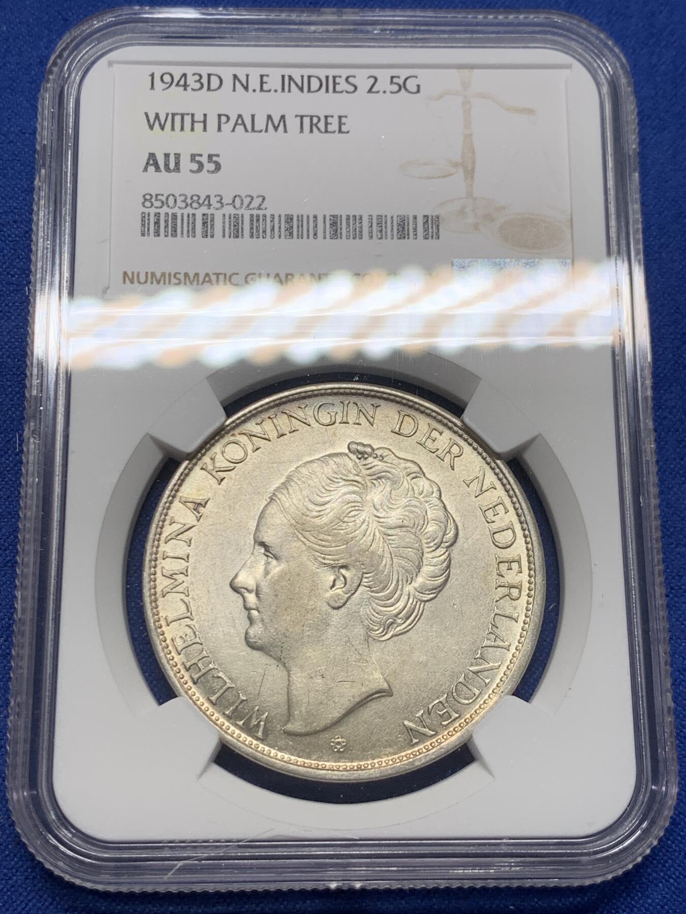 《竞宝斋》第403场 周日，周一，2场连拍 （全场包邮） NGC AU55 荷属东印度 1943年威廉明娜女王2.5盾大银币
