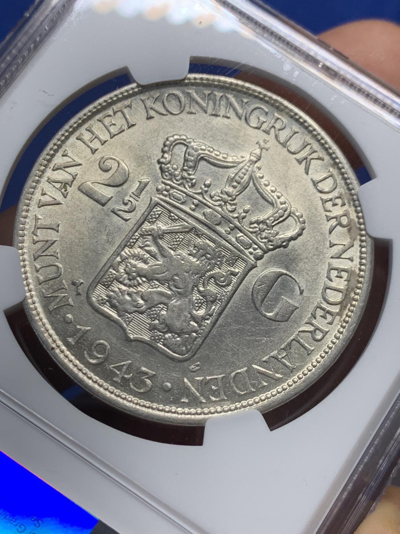 《竞宝斋》第403场 周日，周一，2场连拍 （全场包邮） NGC AU55 荷属东印度 1943年威廉明娜女王2.5盾大银币