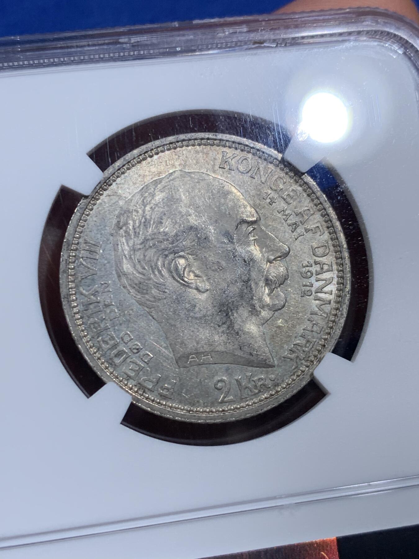 《竞宝斋》第403场 周日，周一，2场连拍 （全场包邮） NGC MS62 丹麦1912年2克朗银币，克里斯蒂安十世继位。性价比高，好玩不贵的品种。