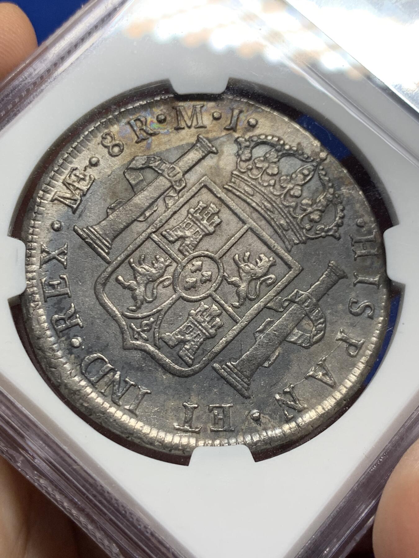 《竞宝斋》第403场 周日，周一，2场连拍 （全场包邮） NGC MINT ERROR AUD 西属秘鲁1780年卡洛斯三世 8R双柱大银币 细节见图