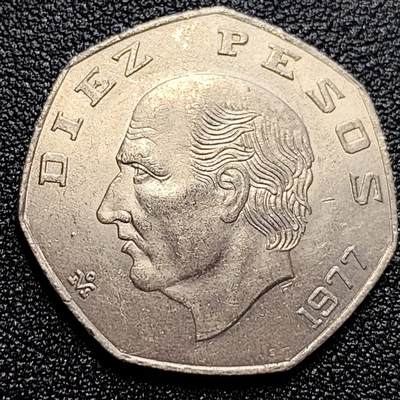 泉币菌-第59场-各国老币铜币场 - 1977年 墨西哥大镍币 伊达尔戈 10比索铜镍币 30.5mm