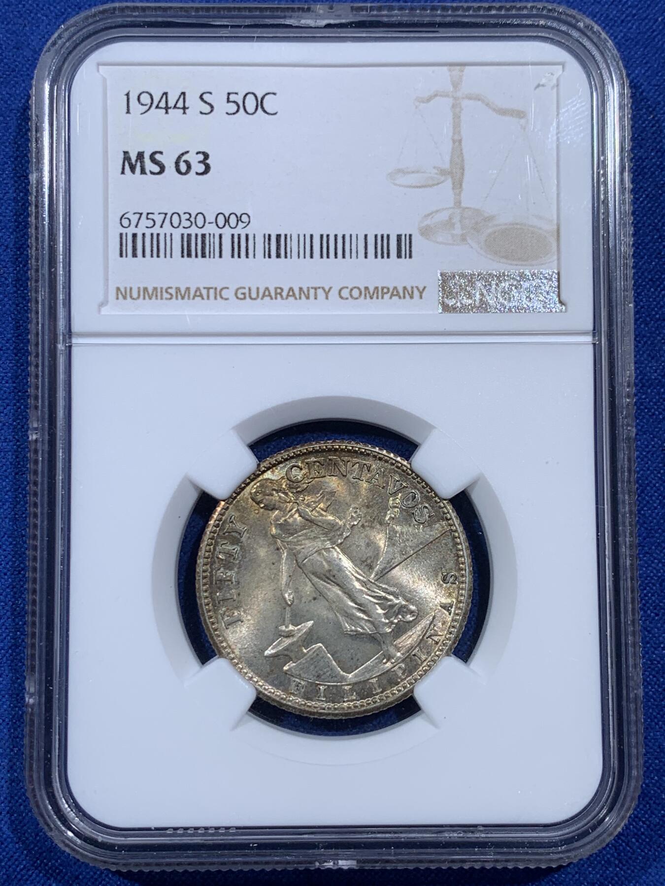 《竞宝斋》第403场 周日，周一，2场连拍 （全场包邮） NGC MS63 美属菲律宾 1944年 打铁女神 50分银币