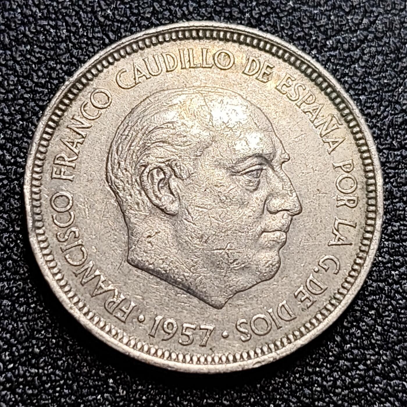泉币菌-第58场-各国老币铜币场 西班牙1957年5比塞塔 弗朗哥鹰徽23mm