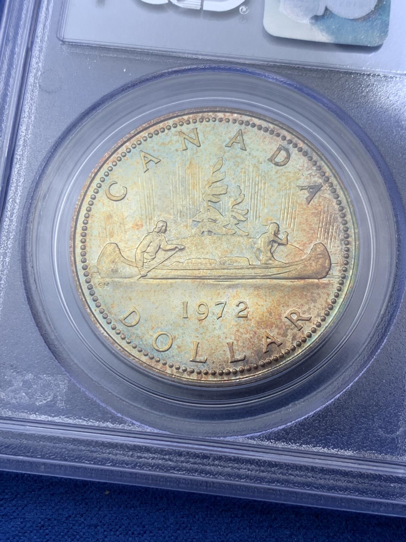 《竞宝斋》第403场 周日，周一，2场连拍 （全场包邮） PCGS SP67 加拿大 1972年 划船银样币 镜面工艺 双面彩虹 实物非常好看 早期小白盒