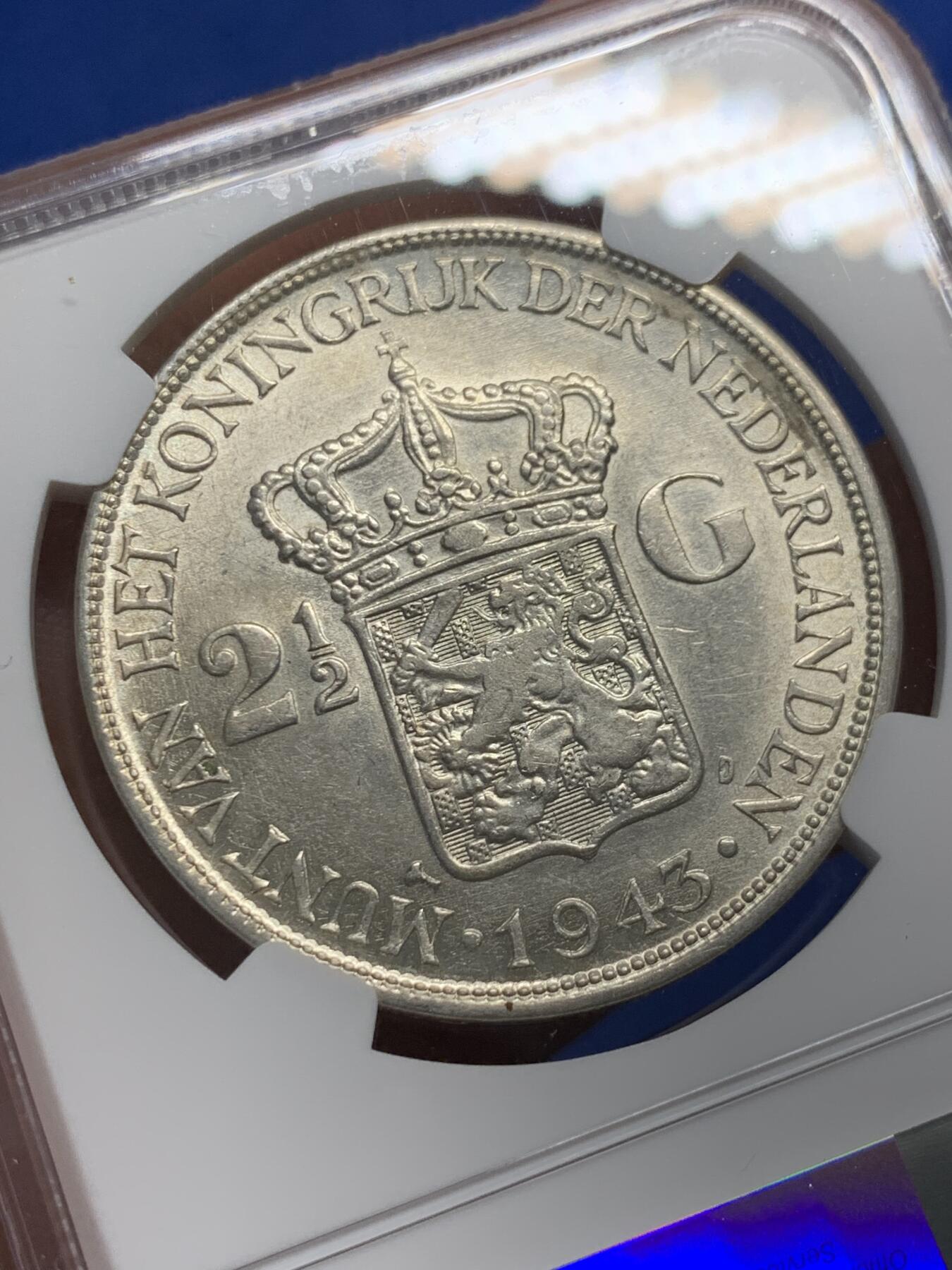 《竞宝斋》第403场 周日，周一，2场连拍 （全场包邮） NGC AU55 荷属东印度 1943年威廉明娜女王2.5盾大银币