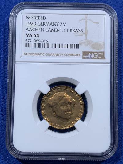 《竞宝斋》第403场 周日，周一，周二，3场连拍 （全场包邮） - NGC MS64 德国1920亚琛画家阿尔弗雷德·雷特尔纪念2马克铜币