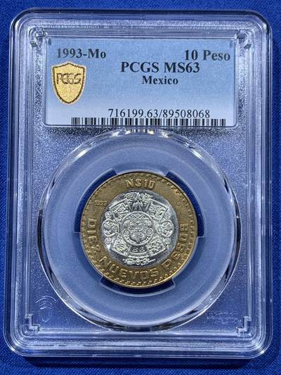 《竞宝斋》第403场 周日，周一，周二，3场连拍 （全场包邮） - PCGS MS63 墨西哥1993年10比索 少见内圈银芯 双色币 细节清晰 传统墨西哥图案 富有南美风情 热门品种