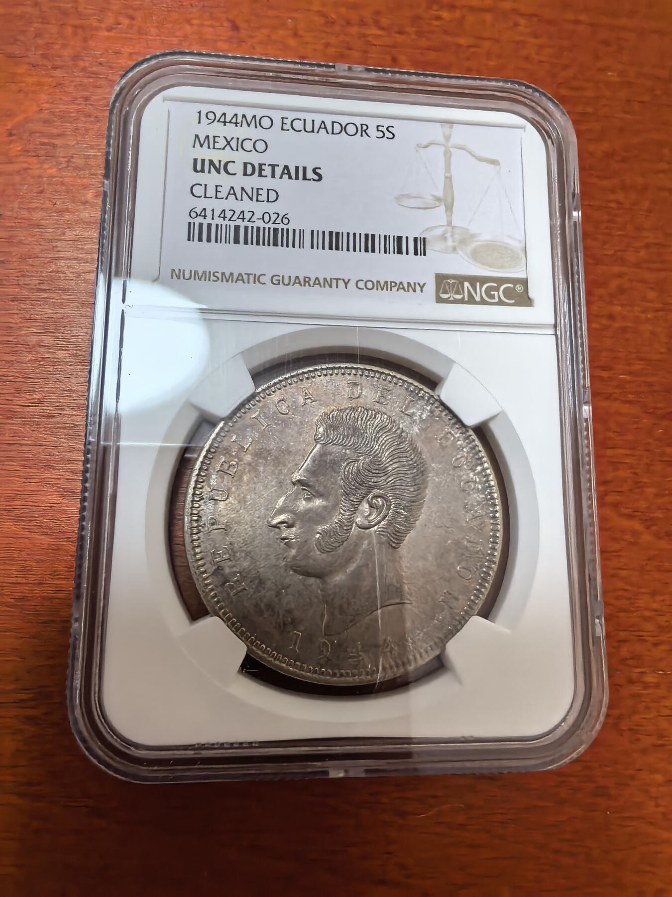 长老汇蛇年精选第二十七场拍卖 1944MO 厄瓜多尔5苏克雷大银币，NGC UNC
