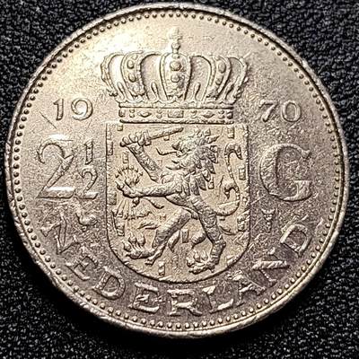 泉币菌-第59场-各国老币铜币场 - 荷兰大币 1970年 2.5盾 朱莉安娜女王 29mm 荷兰入欧前 绝版