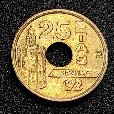 泉币菌-第59场-各国老币铜币场 - 1992年西班牙25比塞塔塞维利亚自治州铜镍币 19.5MM圆孔 