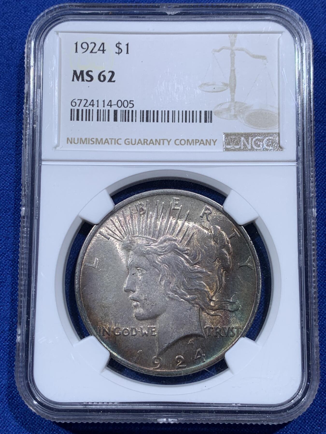《竞宝斋》第403场 周日，周一，2场连拍 （全场包邮） NGC MS62 美国1924年和平鸽一美元银币