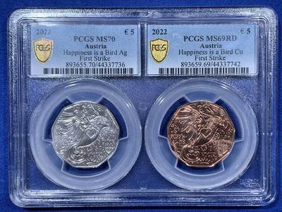 《竞宝斋》第403场 周日，周一，2场连拍 （全场包邮） - 两枚装 PCGS MS69-70 奥地利2022年发行《幸福是一只鸟》九边形5欧新年硬币 银质+铜质