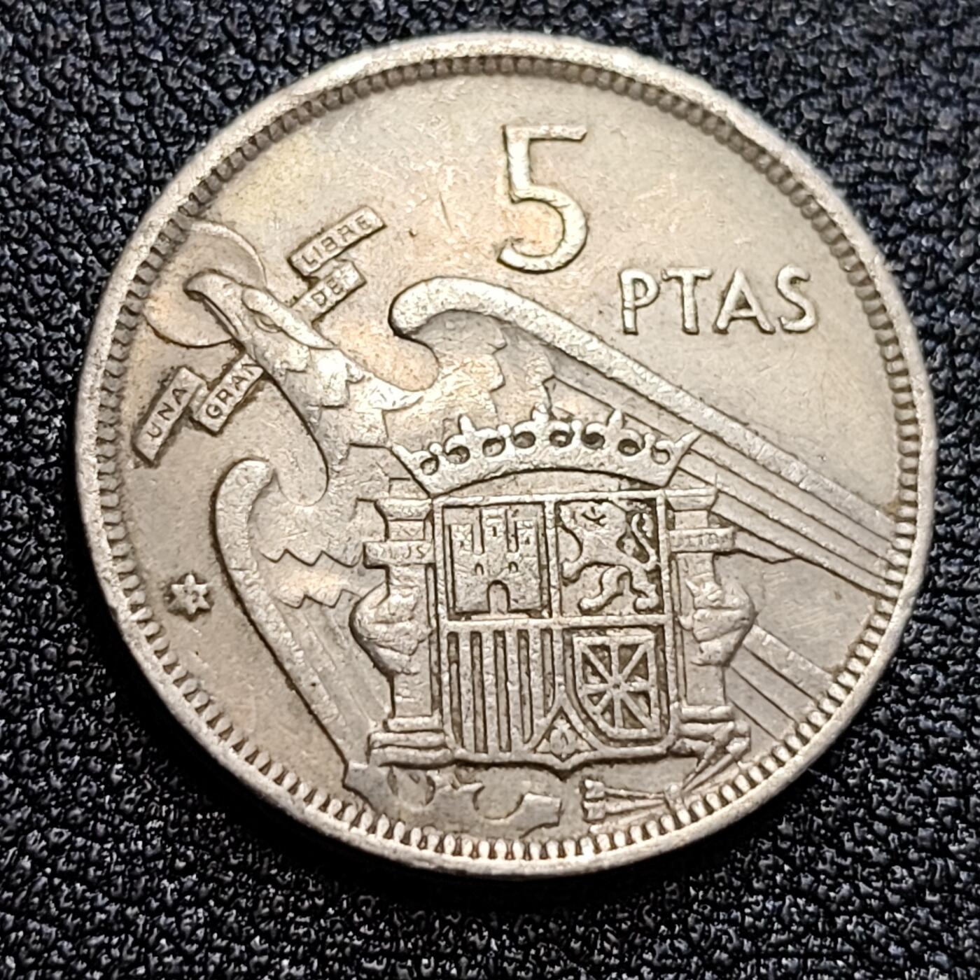 泉币菌-第58场-各国老币铜币场 西班牙1957年 5比塞塔 弗朗哥鹰徽23mm