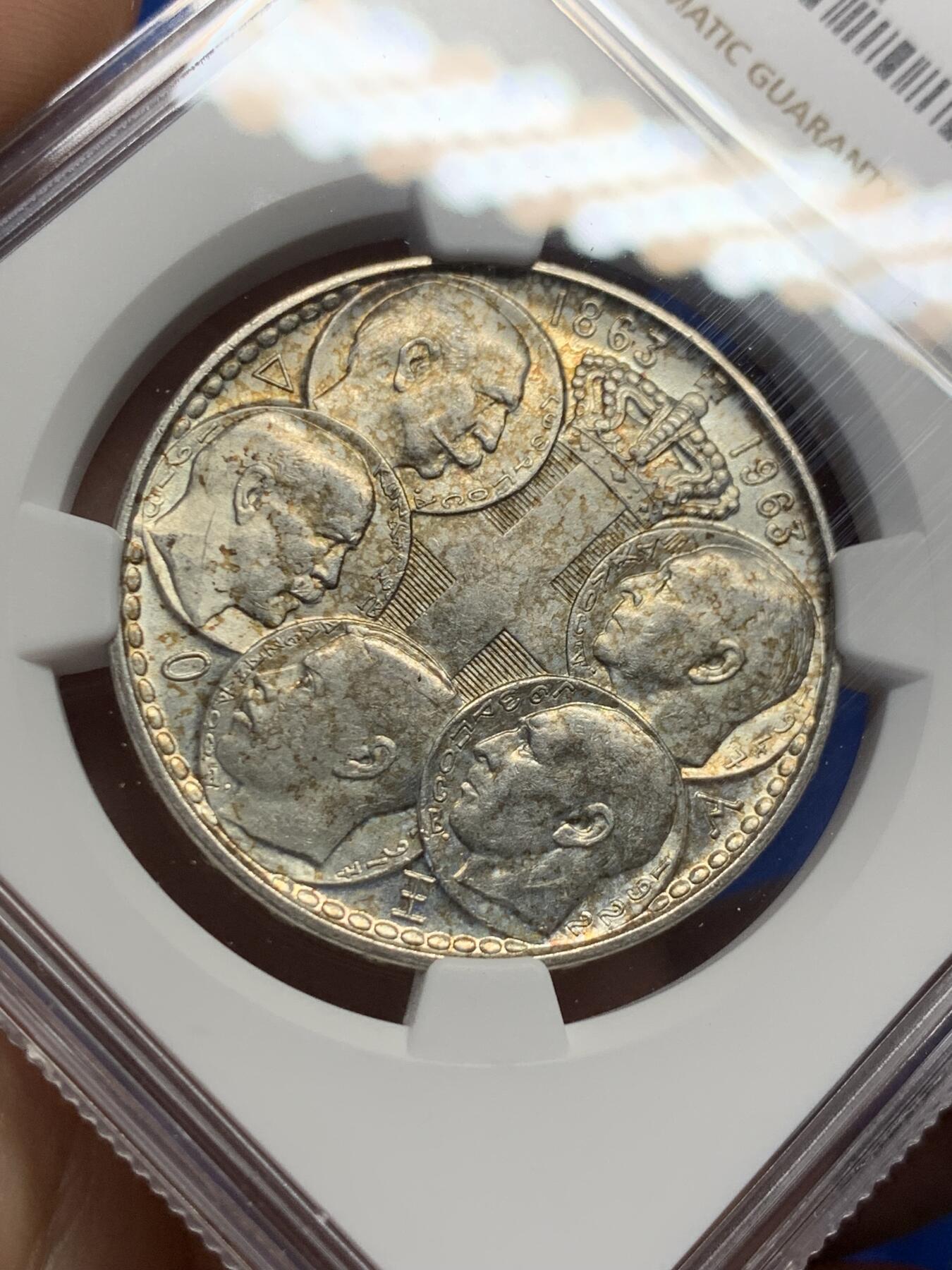 《竞宝斋》第403场 周日，周一，2场连拍 （全场包邮） NGC MS62 希腊1963年30德拉克马银币，王朝100周年纪念币，前后五位希腊国王和希腊地图