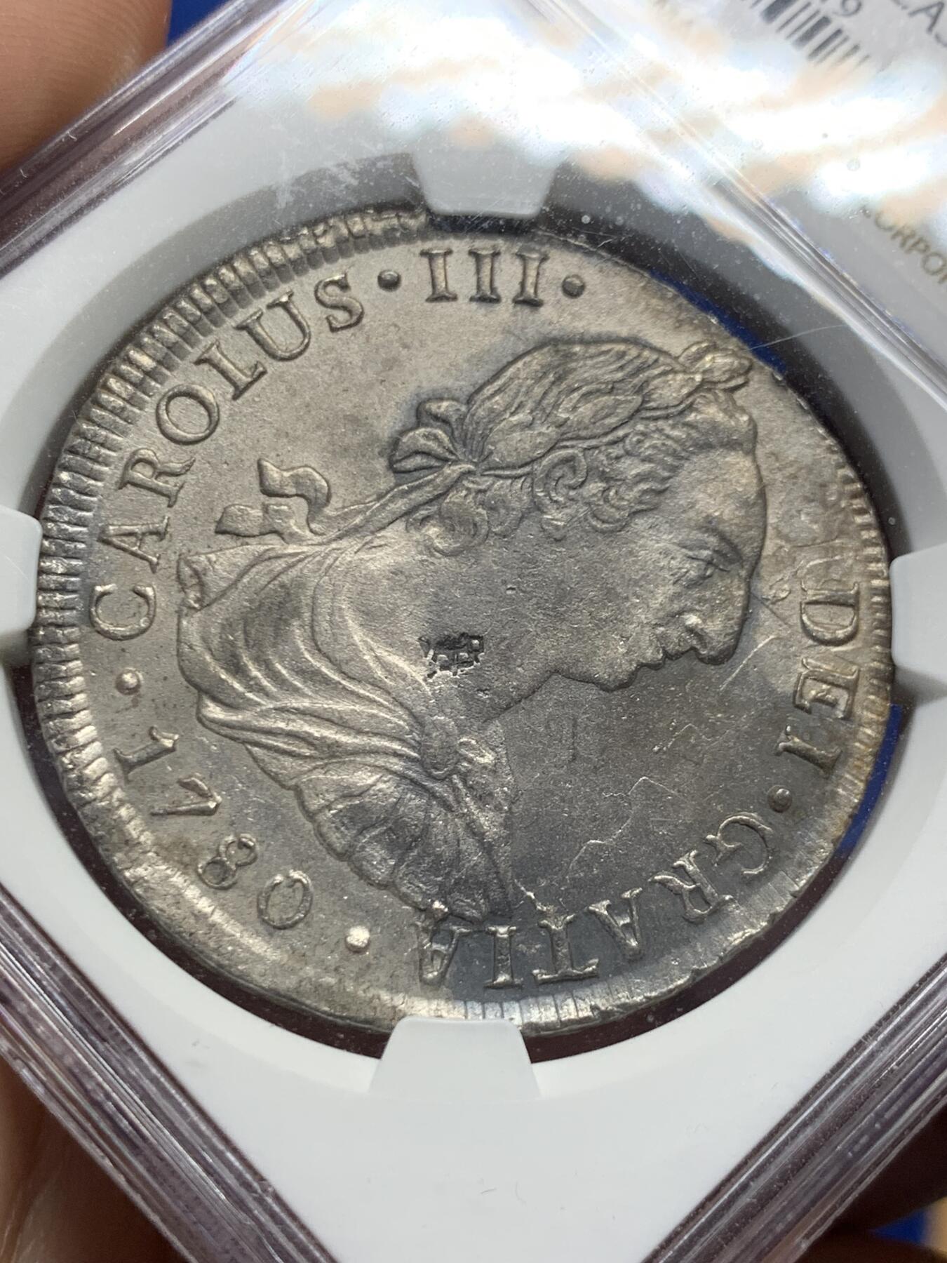《竞宝斋》第403场 周日，周一，2场连拍 （全场包邮） NGC MINT ERROR AUD 西属秘鲁1780年卡洛斯三世 8R双柱大银币 细节见图