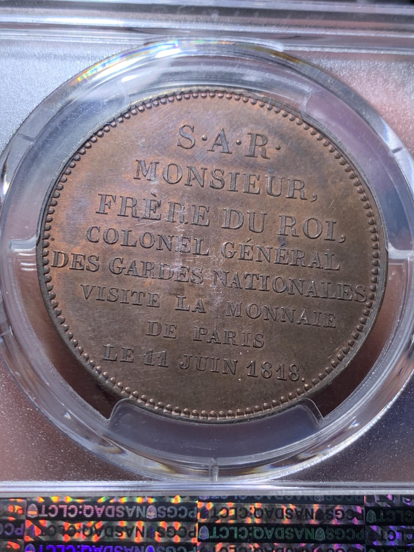 《竞宝斋》第403场 周日，周一，2场连拍 （全场包邮） PCGS SP64RB 唯一冠军分+封面广告币 法国1818年查理十世军装5法郎大铜样，非常稀少的样币品种，仅见的查理十世的戎装版头像，流通版未采用。RB铜光靓丽，收藏级冠军品质